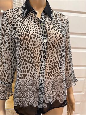 NICOLA Sheer Animal-Print Button Down Blouse in Black and white